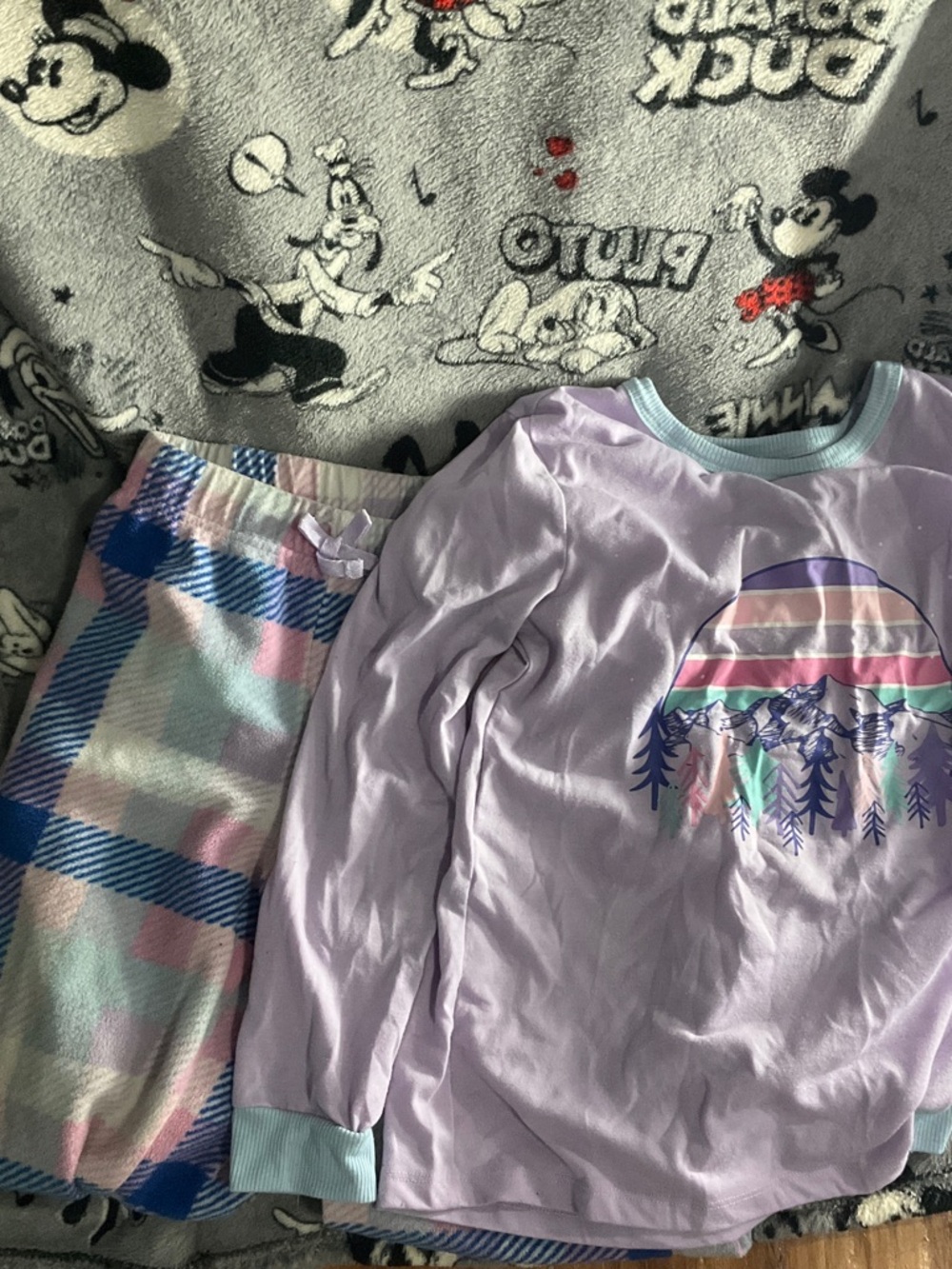 Eddie Bauer Lavender Rainbow Graphic Pajama Set with Pastel Plaid Pants